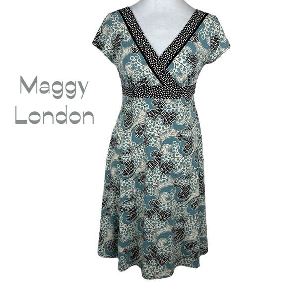 Maggy London Teal White Babydoll Floral Print Feminine Dress NWOT Size 4P - Picture 2 of 11